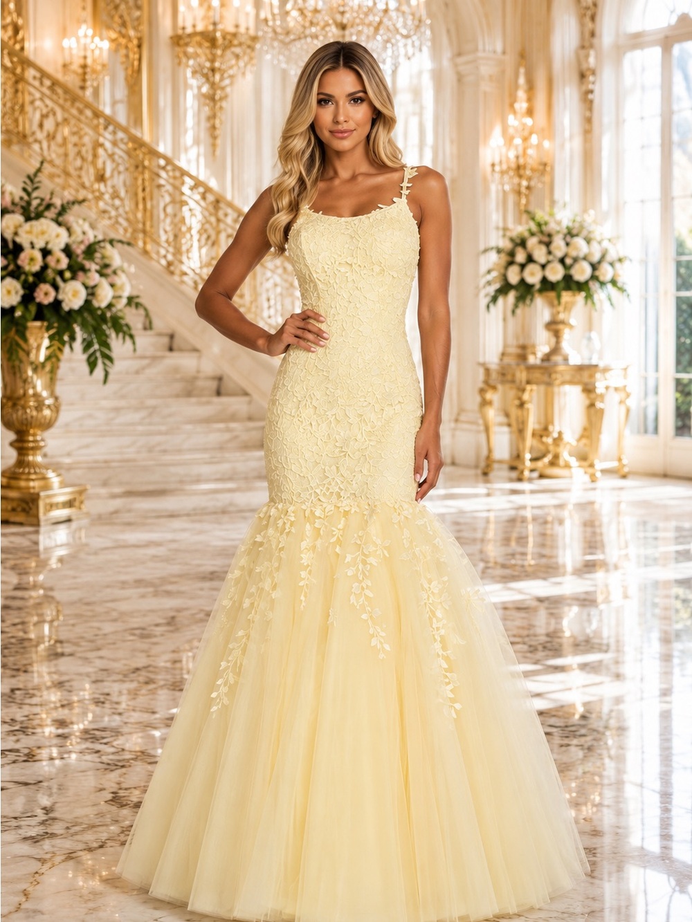 Sherri Hill 53826 Yellow Lace Tulle Mermaid Wedding Military Gala 18 NWT